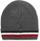 Moncler - Logo-Appliquéd Striped Ribbed Virgin Wool Beanie - Gray