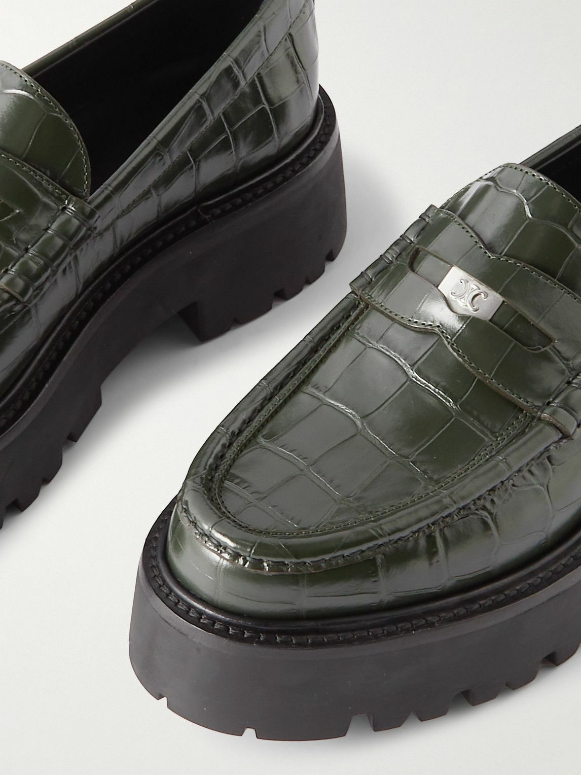 CELINE - Exaggerated-Sole Croc-Effect Leather Loafers - Green