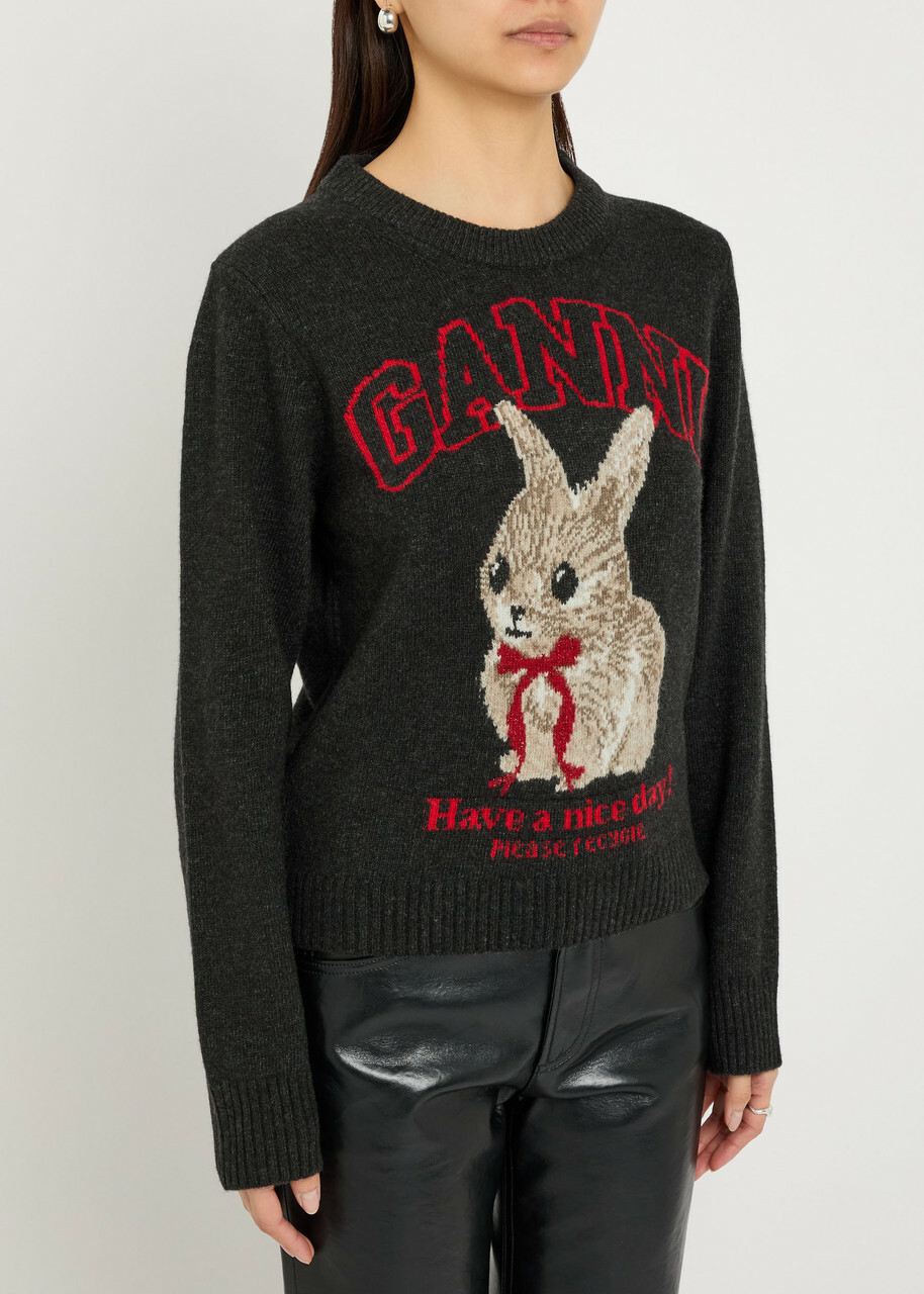 Ganni Logo-intarsia Wool-blend Jumper Black