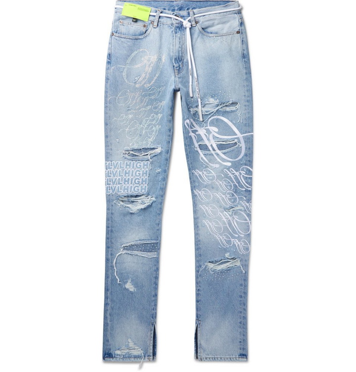 Photo: Off-White - EV BRAVADO Slim-Fit Crystal-Embellished Embroidered Distressed Denim Jeans - Blue