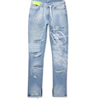 Off-White - EV BRAVADO Slim-Fit Crystal-Embellished Embroidered Distressed Denim Jeans - Blue