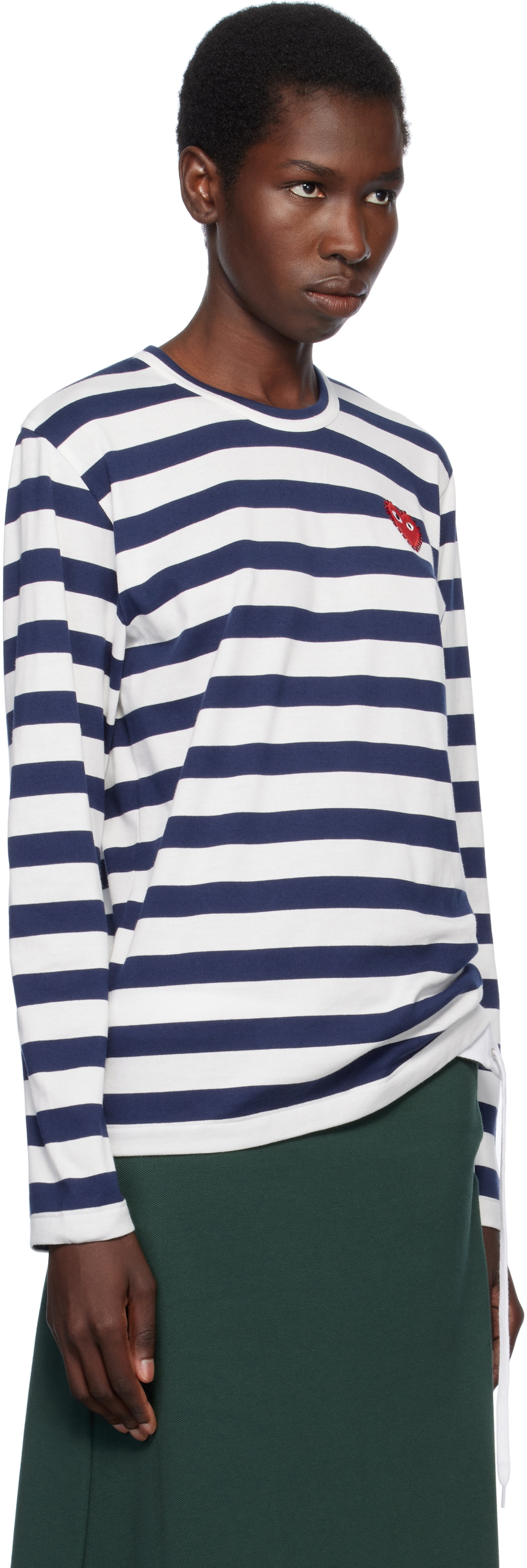COMME des GARÇONS PLAY Navy & White L/S Stripe Rhinestone T-shirt