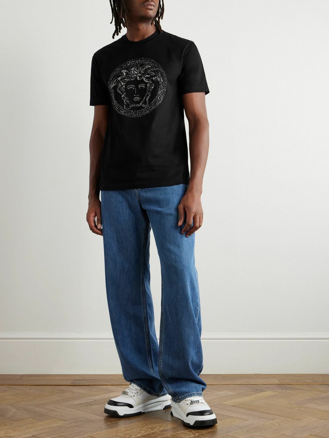 Versace - Crystal-Embellished Logo-Embroidered Cotton-Jersey