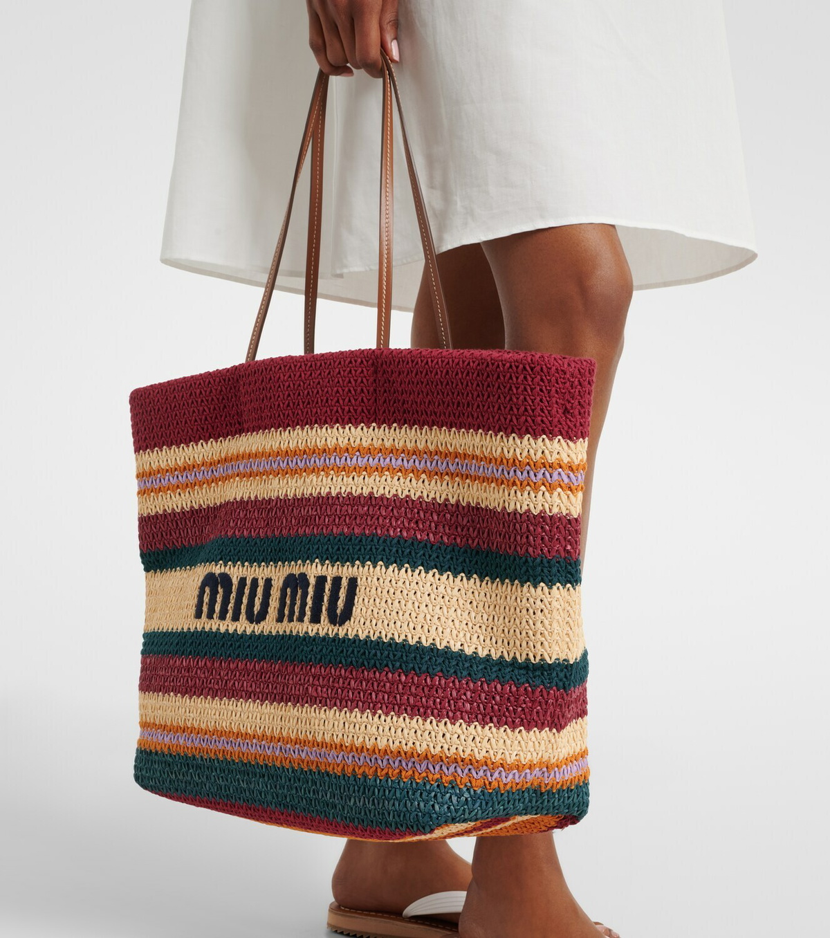 Miu Miu Striped woven raffia-effect tote bag