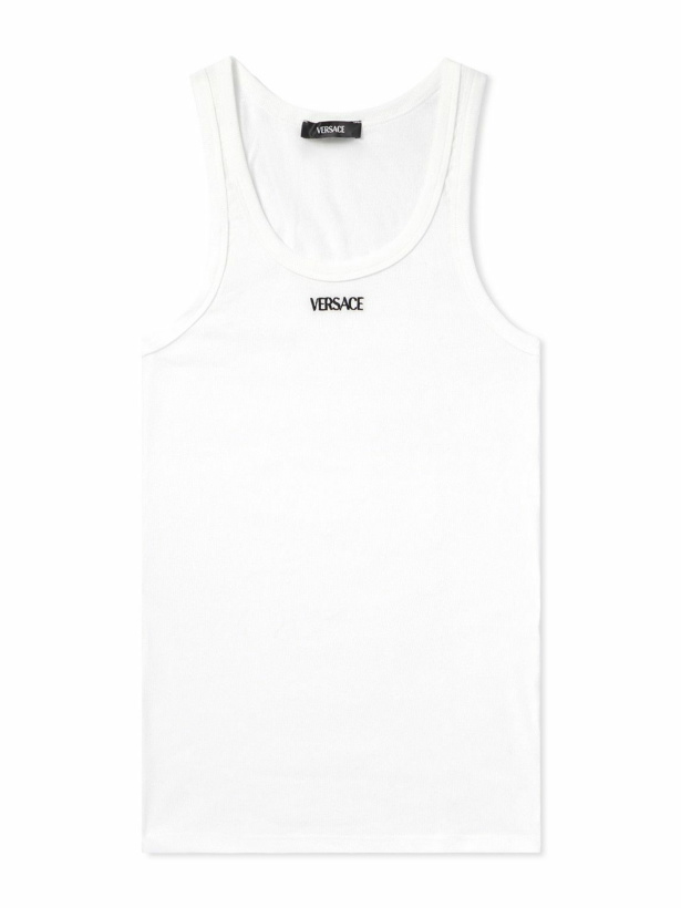 Photo: Versace - Logo-Embroidered Ribbed Stretch-Cotton Jersey Tank Top - White