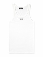 Versace - Logo-Embroidered Ribbed Stretch-Cotton Jersey Tank Top - White