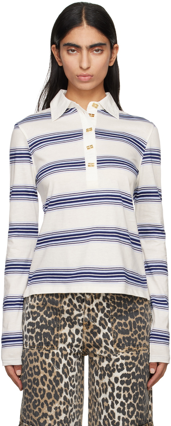GANNI White & Blue Striped Long Sleeve Polo