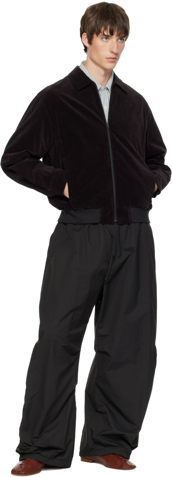 AMOMENTO Brown Velvet Zip-Up Bomber Jacket