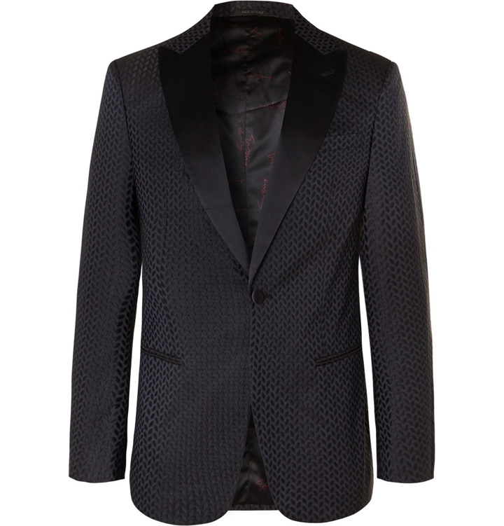 Photo: Giorgio Armani - Navy Slim-Fit Silk Satin-Trimmed Jacquard Tuxedo Jacket - Blue