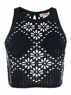 TwinSet Black Top With Knitted Design And All-over Floral Embroidery In Cotton Woman