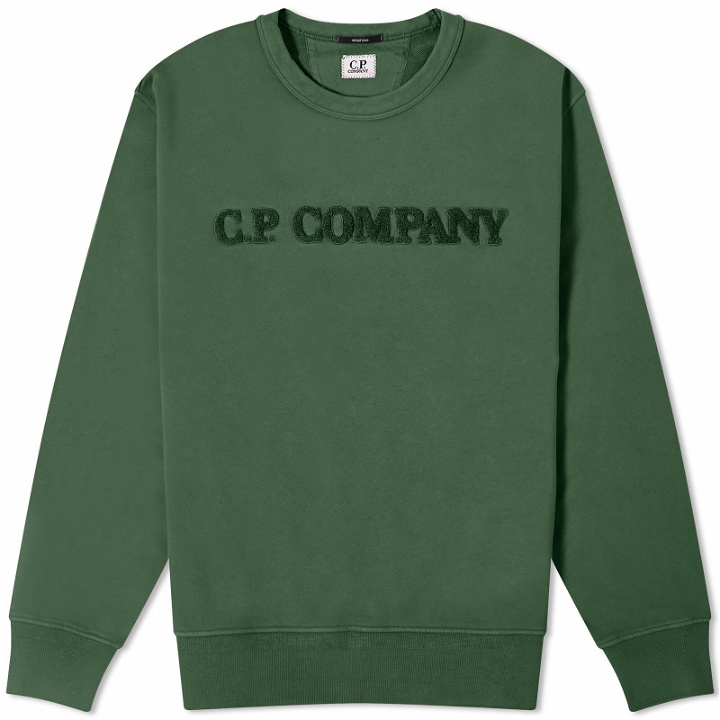 Photo: C.P. Company Men's Cotton Diagonal Fleece Logo Sweatshirt in Duck Green