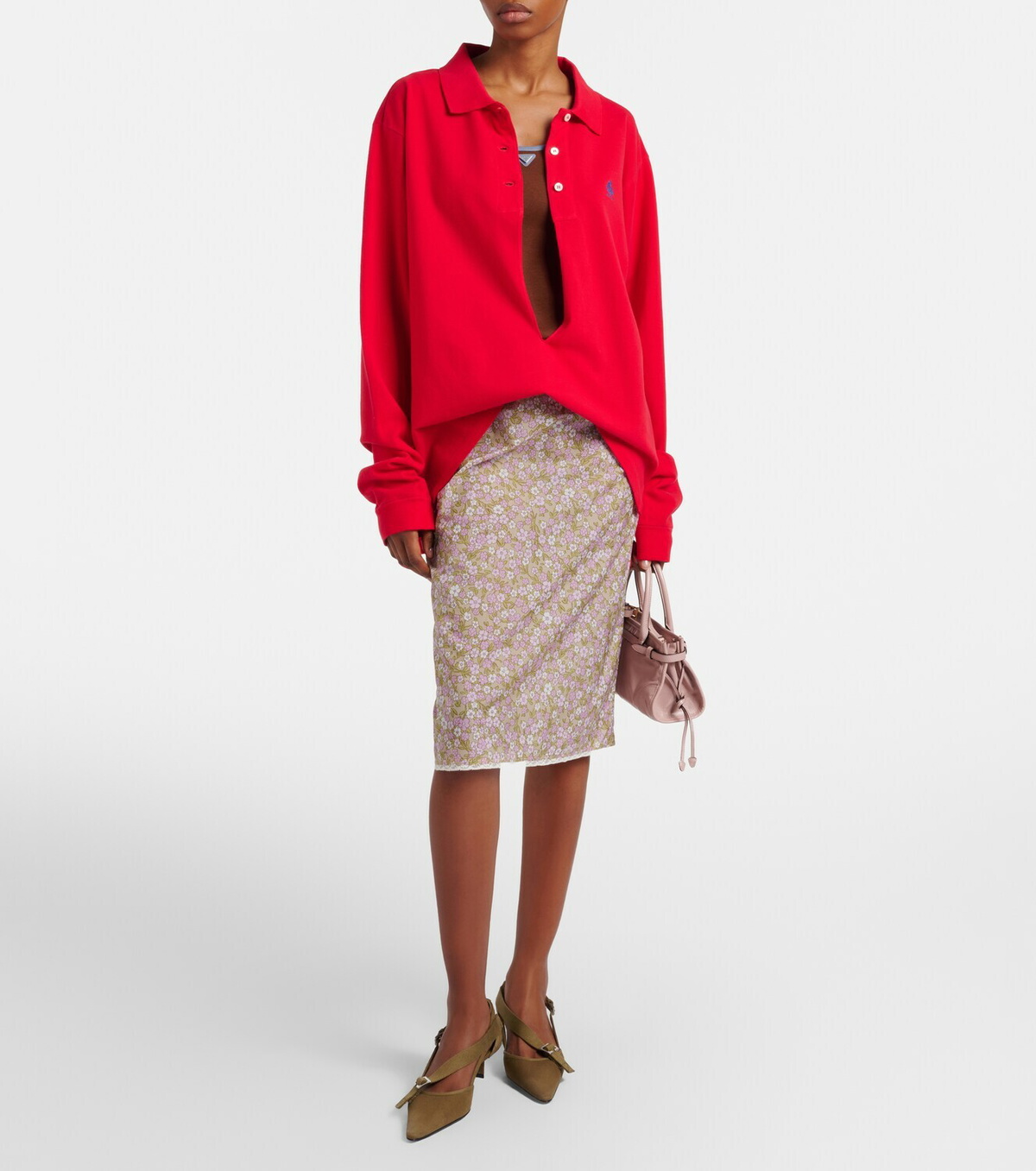 Prada Lace-trimmed floral midi skirt