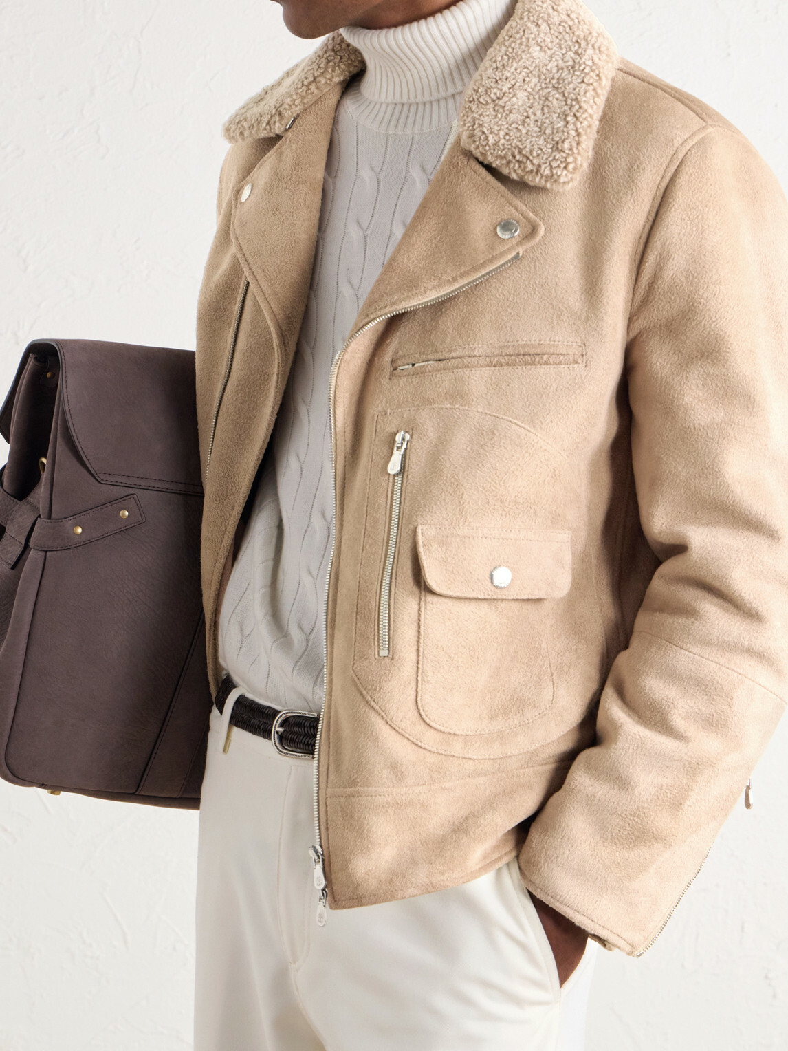 Brunello Cucinelli - Shearling-Trimmed Suede Leather Biker Jacket - Neutrals