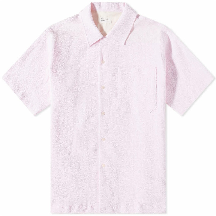 Photo: Universal Works Men's Seersucker Camp Shirt in Pink