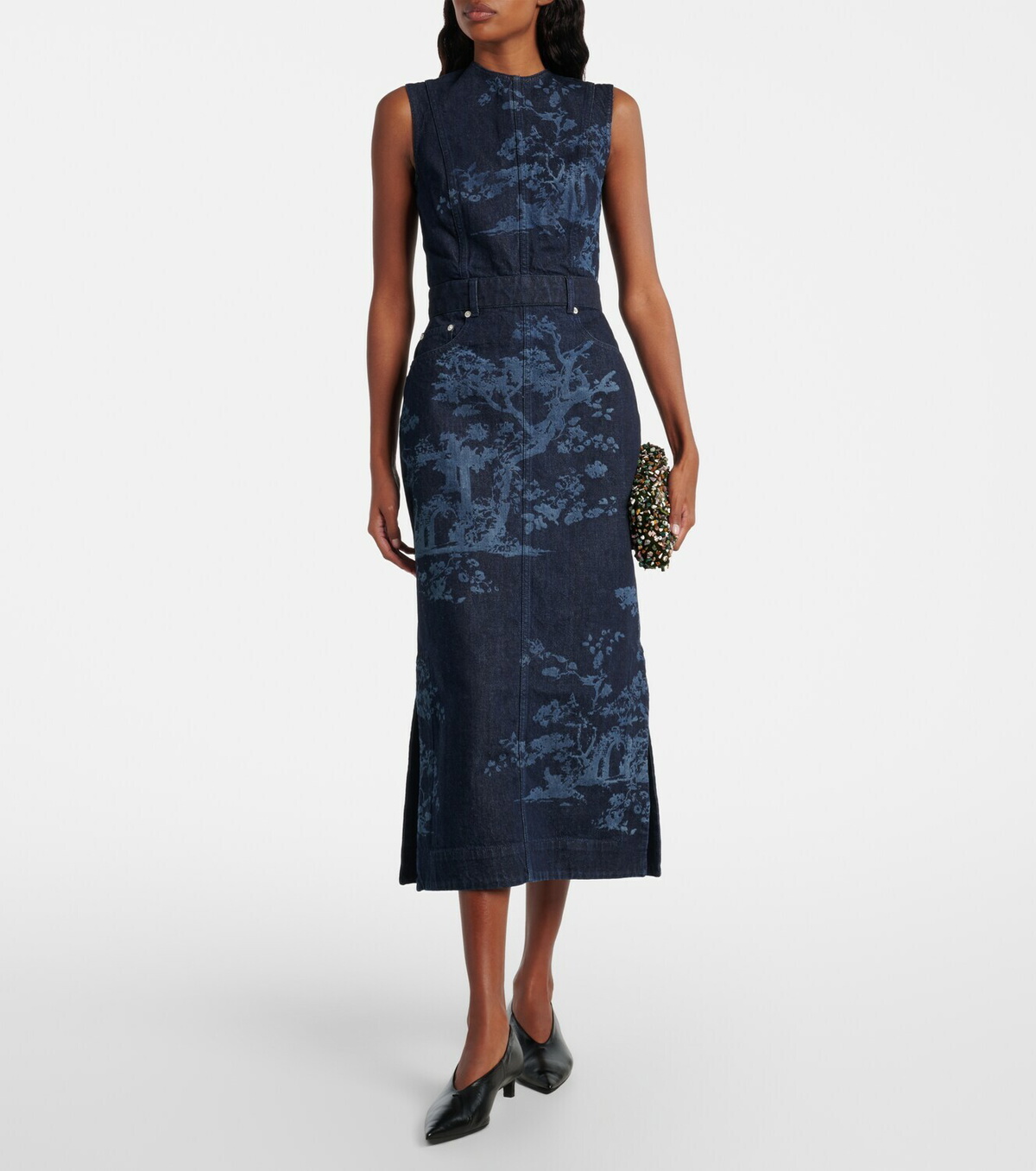 Erdem Embroidered cotton denim pencil dress