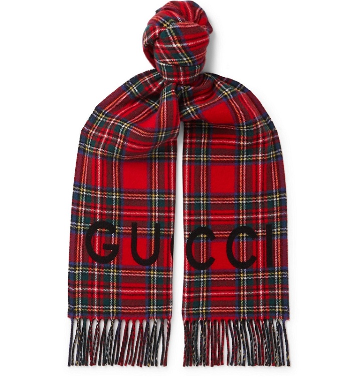 Photo: Gucci - Logo-Print Checked Wool and Cashmere-Blend Scarf - Red