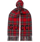 Gucci - Logo-Print Checked Wool and Cashmere-Blend Scarf - Red