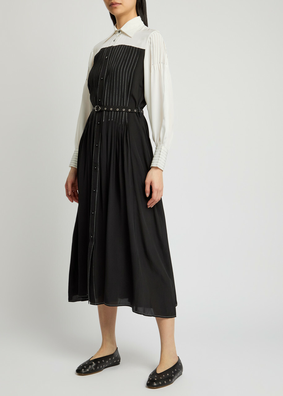 Lovebirds Zen Pleated Silk Midi Dress Black And White