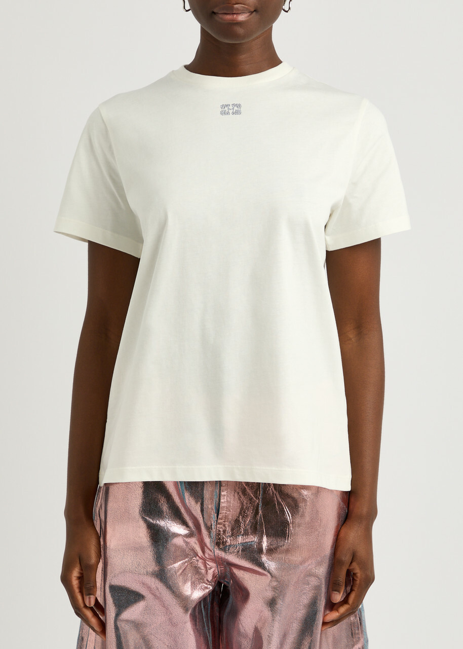 Ganni ガニー White Crewneck T-Shirt with Maxi Logo Ganni Logo-embellished Cotton T-shirt Off White GANNI