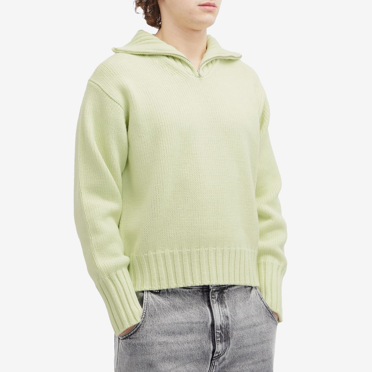 Auralee Men's Wool Soft Cord Quarter Zip Sweat in Light Lime Auralee