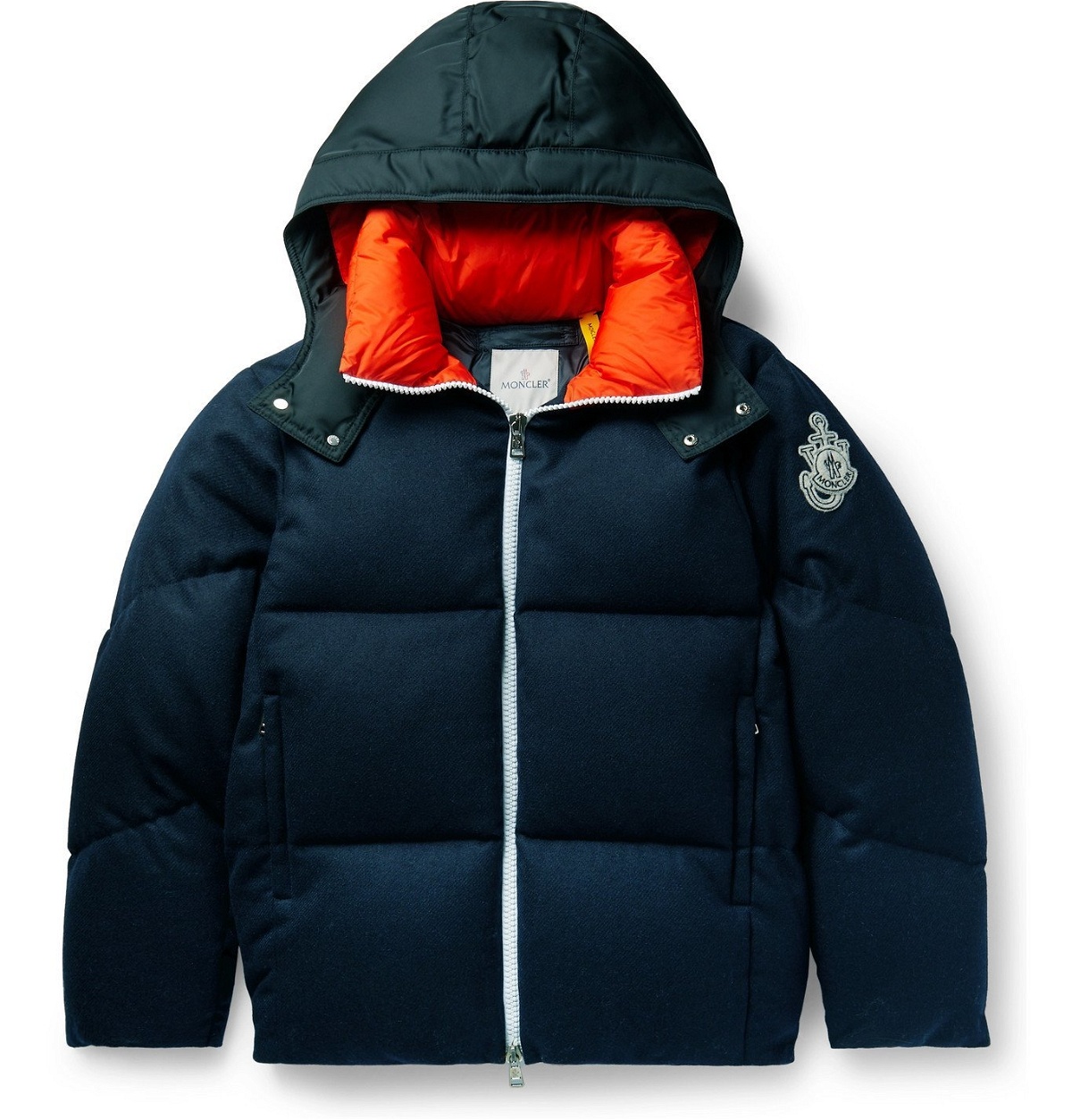 Photo: Moncler Genius - 1 Moncler JW Anderson Logo-Appliquéd Shell-Trimmed Quilted Wool-Flannel Hooded Down Jacket - Blue