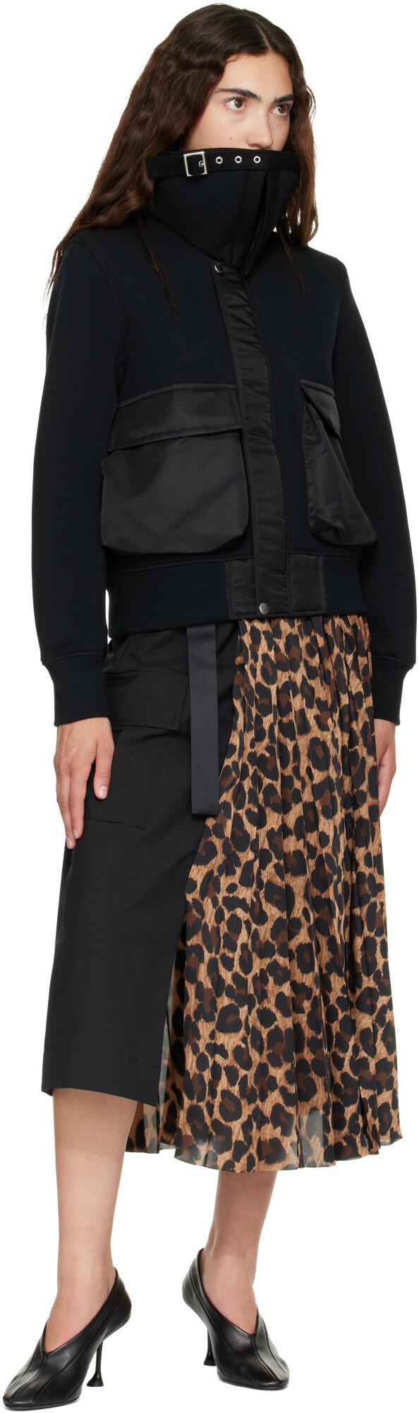 sacai Black Leopard x Suiting Midi Skirt