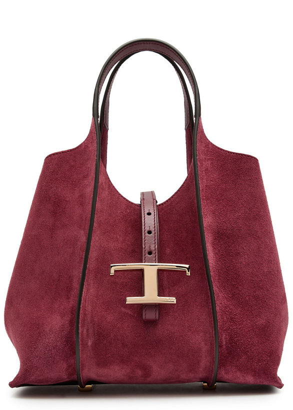 Photo: Tods T-plaque Suede Mini top Handle bag - Burgundy - One Size
