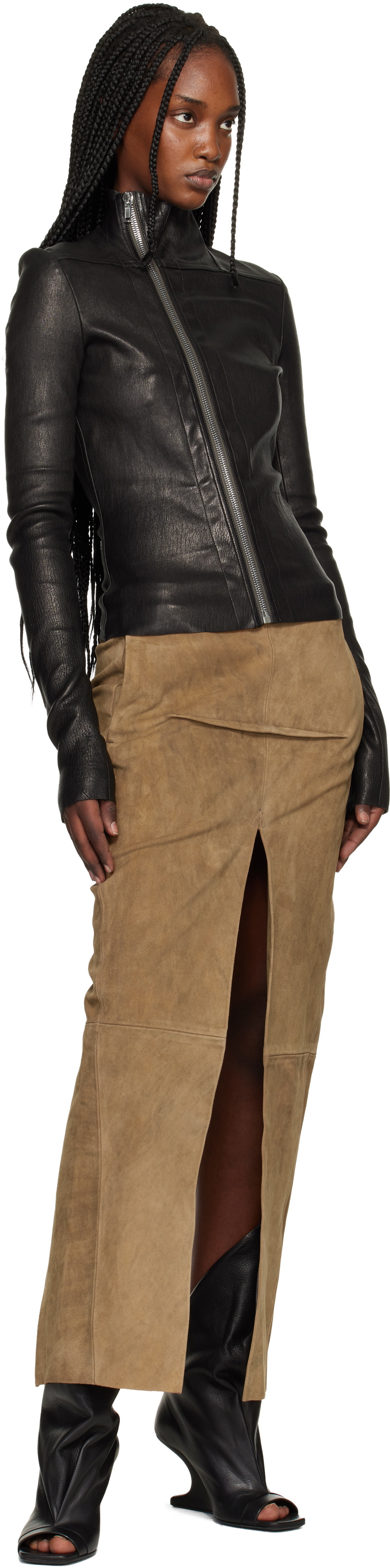 Rick Owens Tan Temple Sliced Suede Midi Skirt