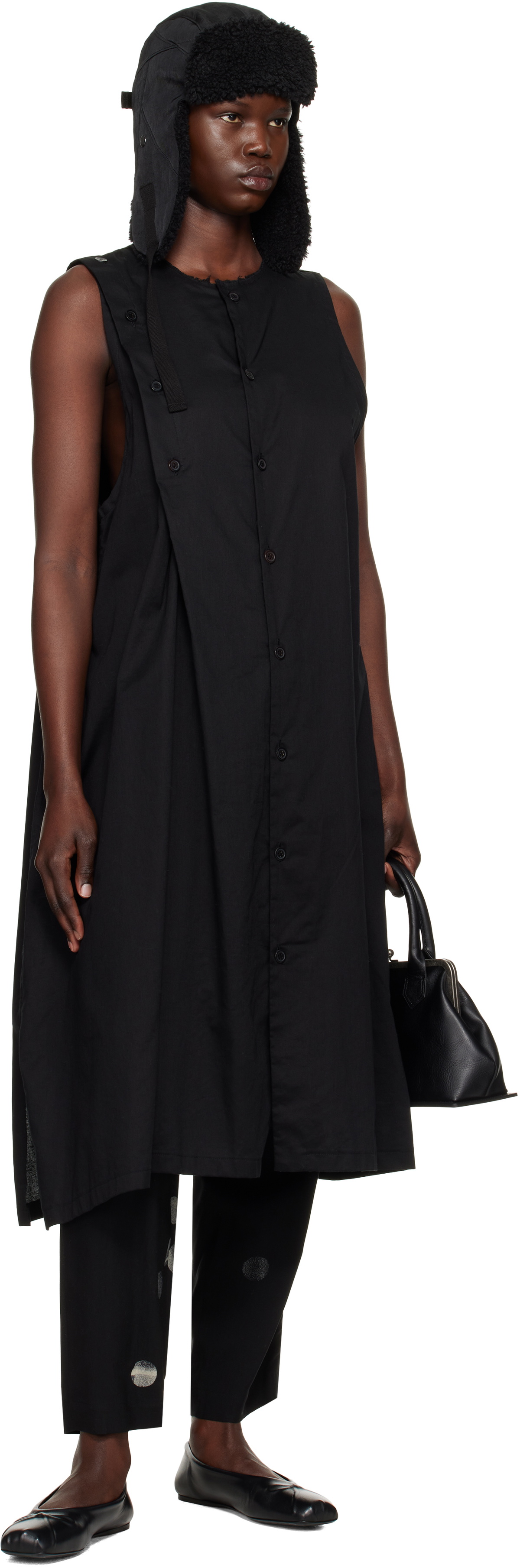 Y's Black S-Asymmetric Button Midi Dress