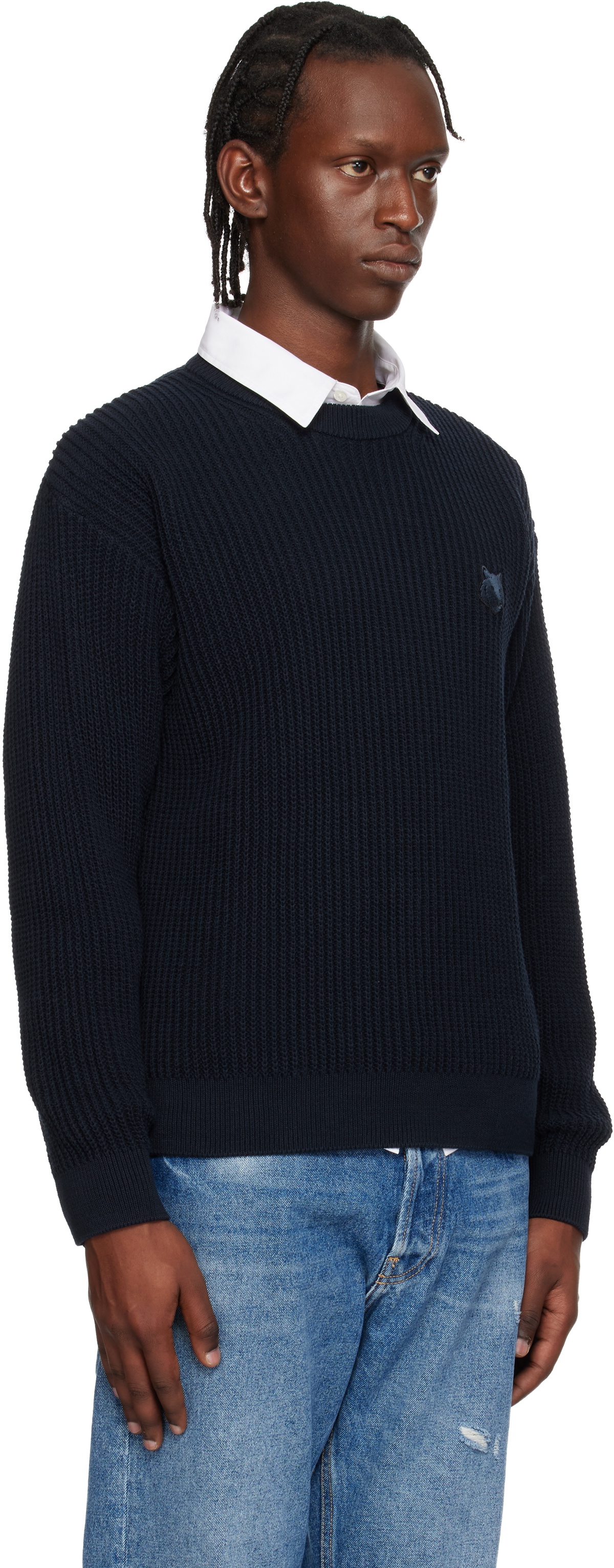 Maison Kitsuné Navy Fox Head Cotton Ribbed Sweater