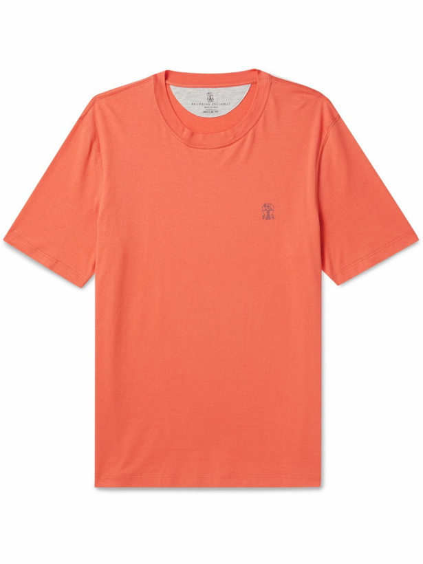 Photo: Brunello Cucinelli - Logo-Print Cotton and Linen-Blend Jersey T-Shirt - Orange