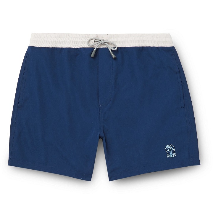 Photo: Brunello Cucinelli - Mid-Length Logo-Print Swim Shorts - Blue