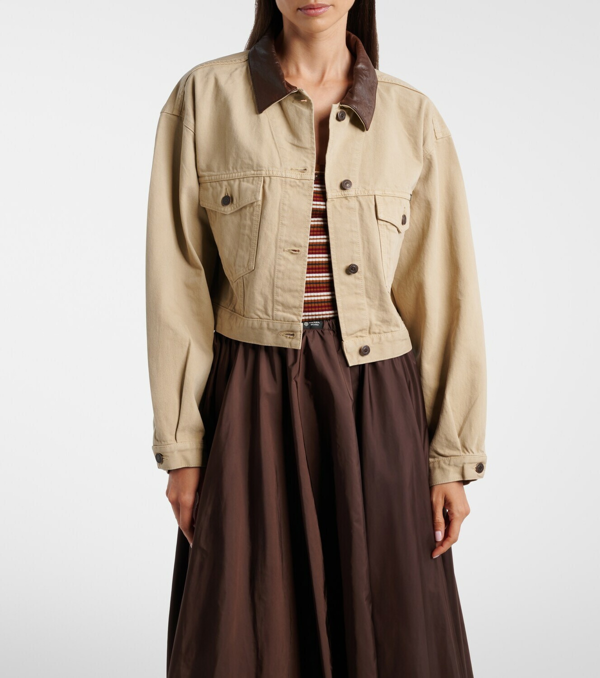 Prada Leather-trimmed cropped denim jacket
