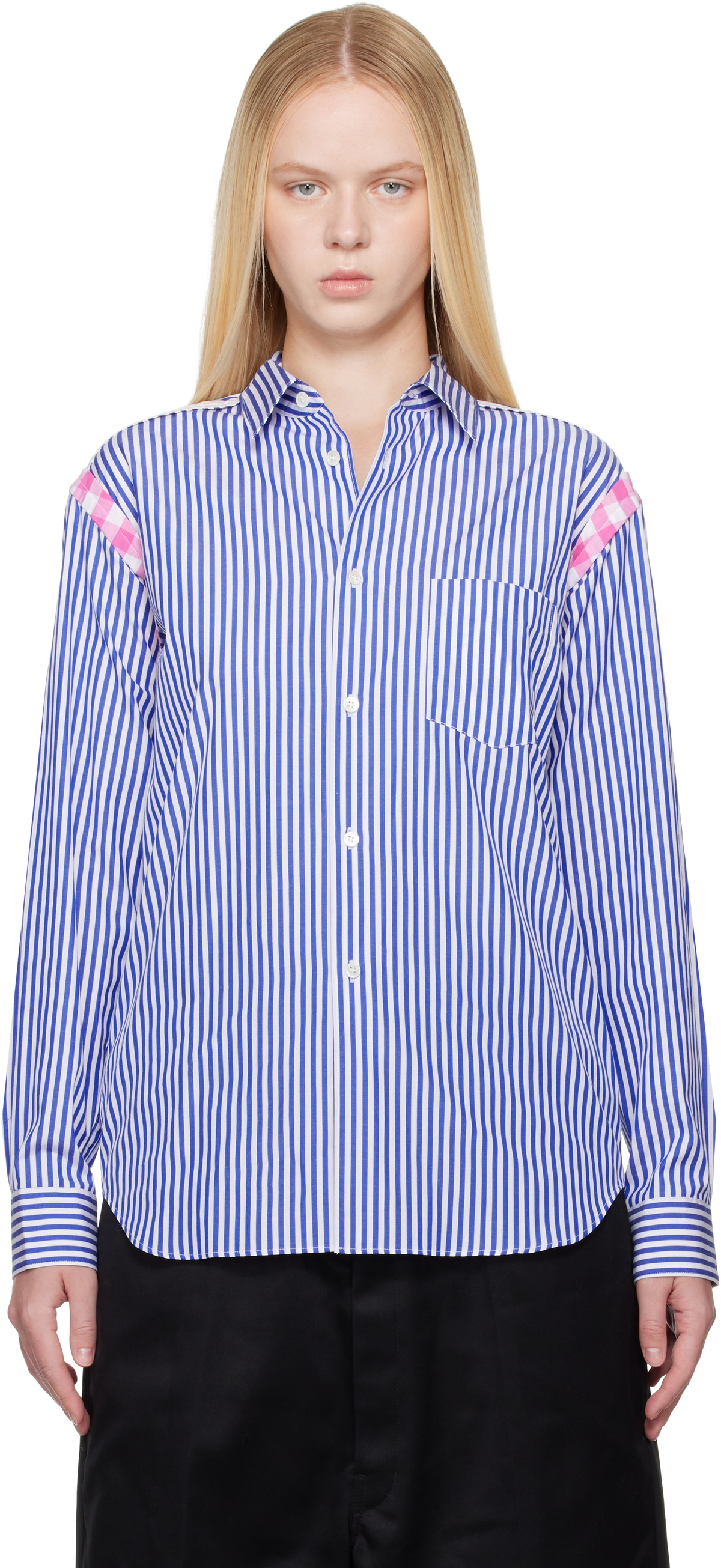 Comme des Garçons Shirt Blue & White Striped Gingham Trim Shirt