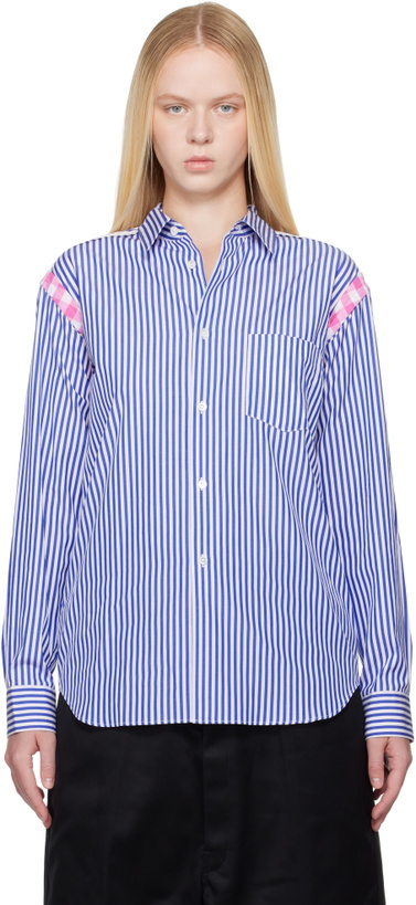 Photo: Comme des Garçons Shirt Blue & White Striped Gingham Trim Shirt