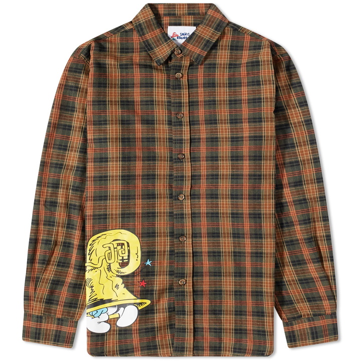 Photo: Butter Goods x The Smurfs Harmony Plaid Shirt in Moss/Bark