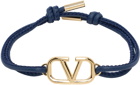 Valentino Garavani Navy VLogo Leather Bracelet