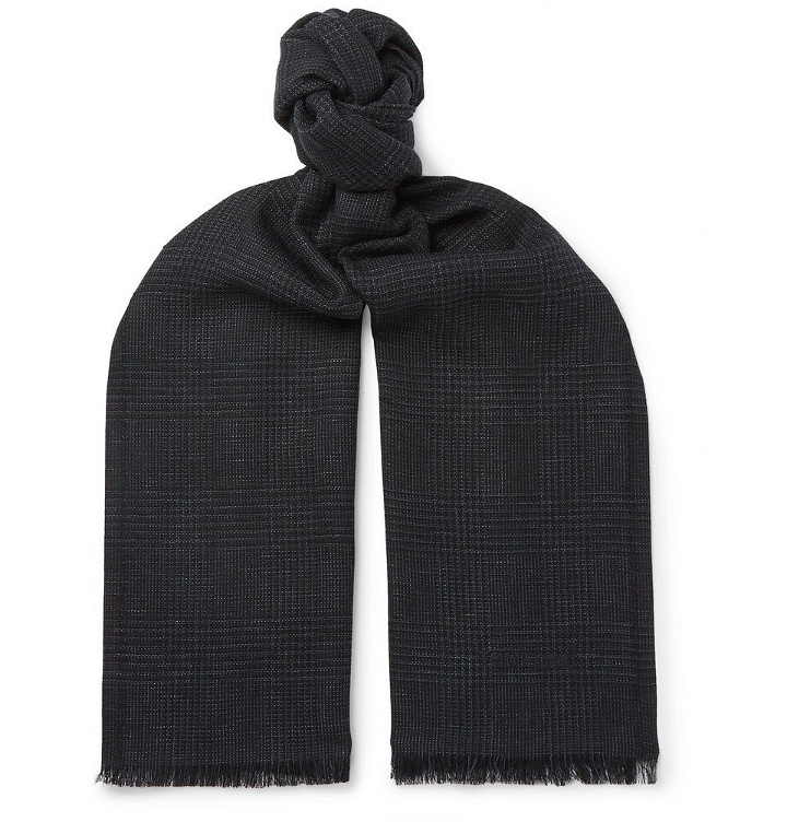 Photo: TOM FORD - Fringed Prince of Wales Checked Mohair, Wool, Linen and Silk-Blend Scarf - Men - Navy