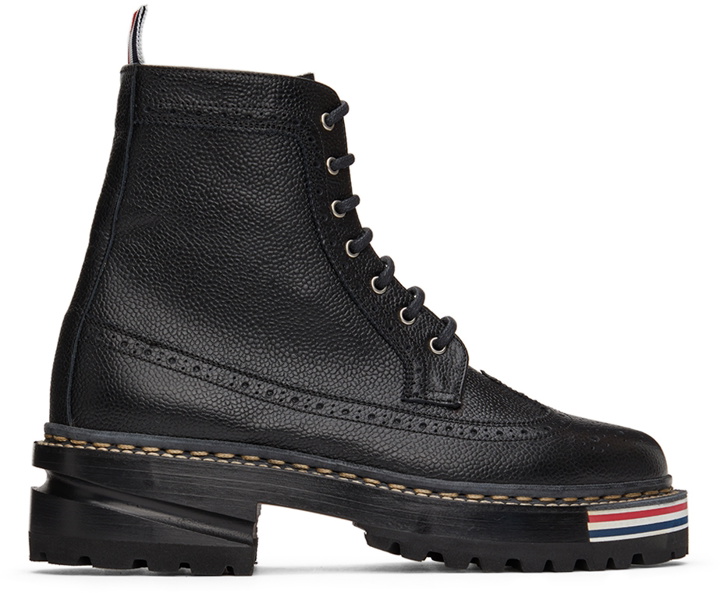 Photo: Thom Browne Black Longwing Hiking Sole Stripe Lace-Up Boots