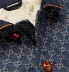 GUCCI - Leather-Trimmed Logo-Jacquard Organic Denim Jacket - Blue