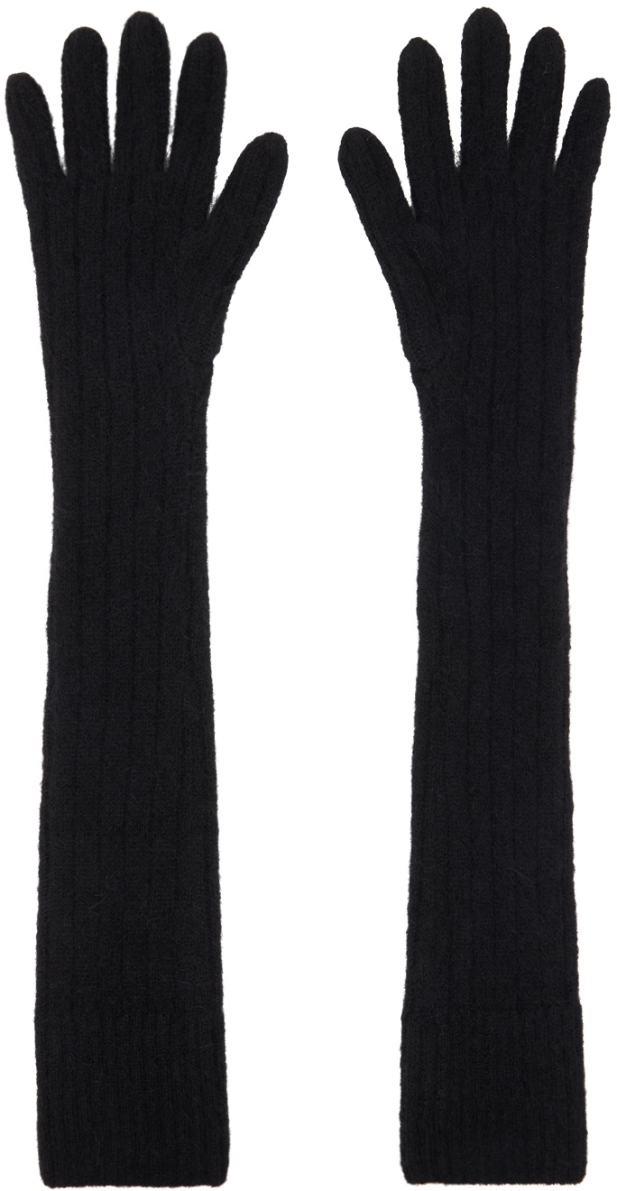Dries Van Noten Black Long Ribbed Gloves