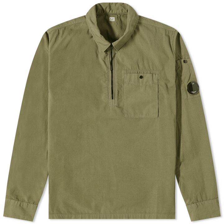 Photo: C.P. Company Men's Lens Detail Ripstop Quarter Zip Shirt in Bronze Green