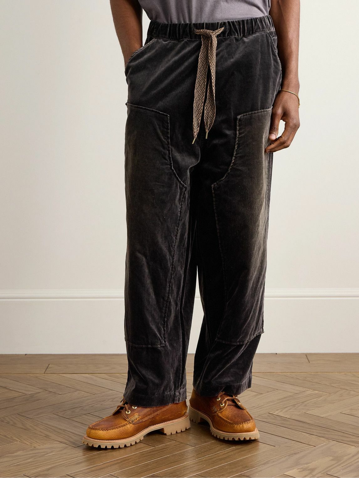 KAPITAL - Casa Wide-Leg Cotton-Velvet Drawstring Trousers - Black