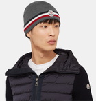 Moncler - Logo-Appliquéd Striped Ribbed Virgin Wool Beanie - Gray