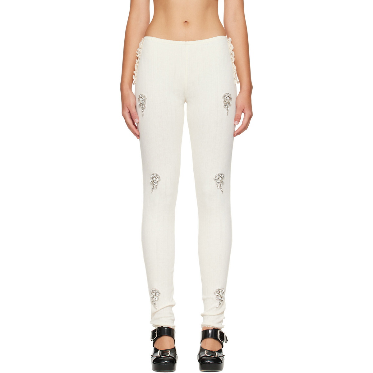 Simone Rocha Off-White Embellished Pointelle Ruffle Frill Leggings