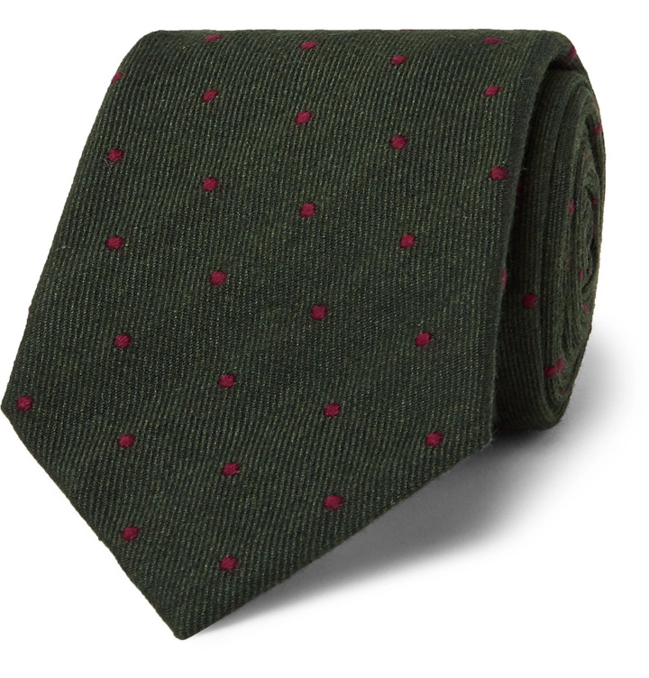 Photo: Kingsman - Drake's 8cm Polka-Dot Cotton, Silk, Cashmere and Wool-Blend Tie - Green