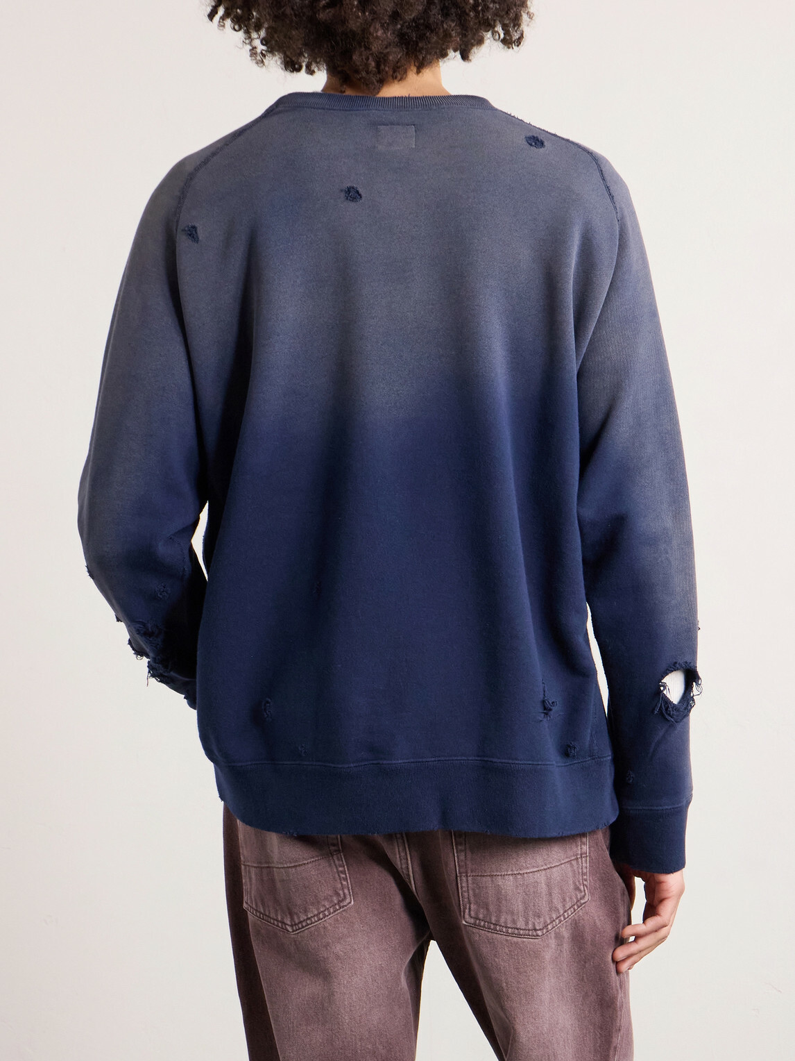 Needles - Logo-Print Distressed Cotton-Jersey Sweatshirt - Blue