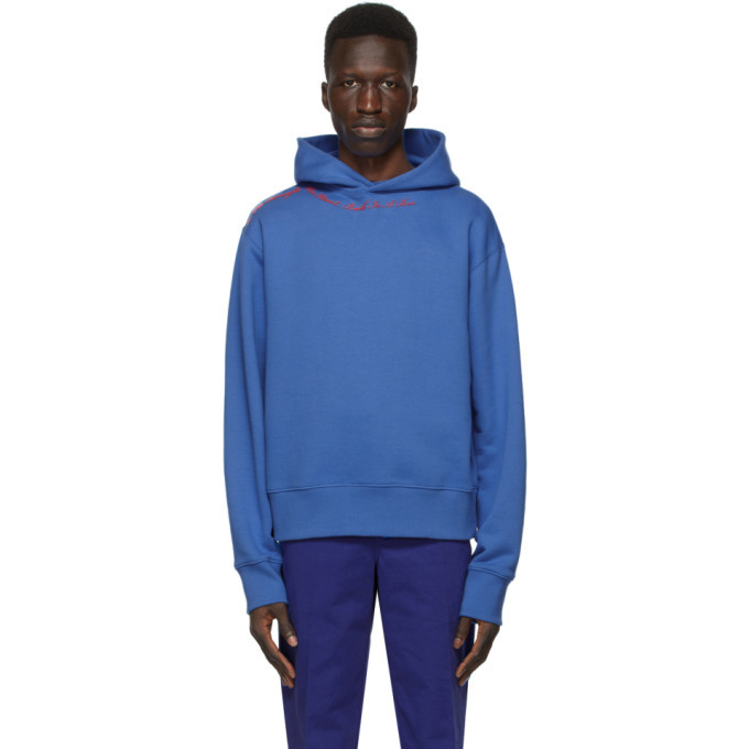 SSENSE WORKS SSENSE Exclusive Jeremy O. Harris Blue Cursive Text Hoodie