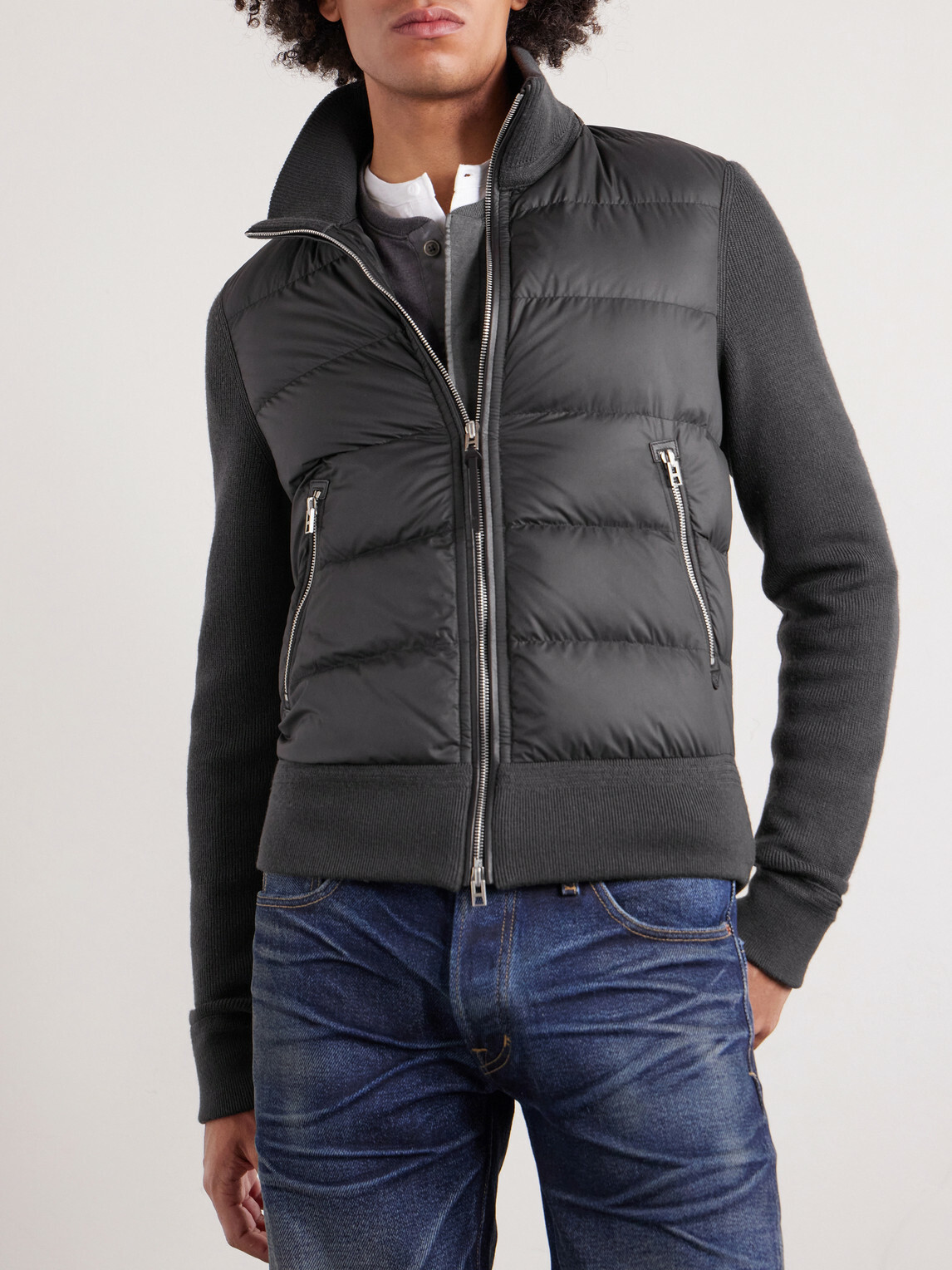 TOM FORD - Slim-Fit Leather-Trimmed Quilted Shell and Wool Down Jacket - Gray