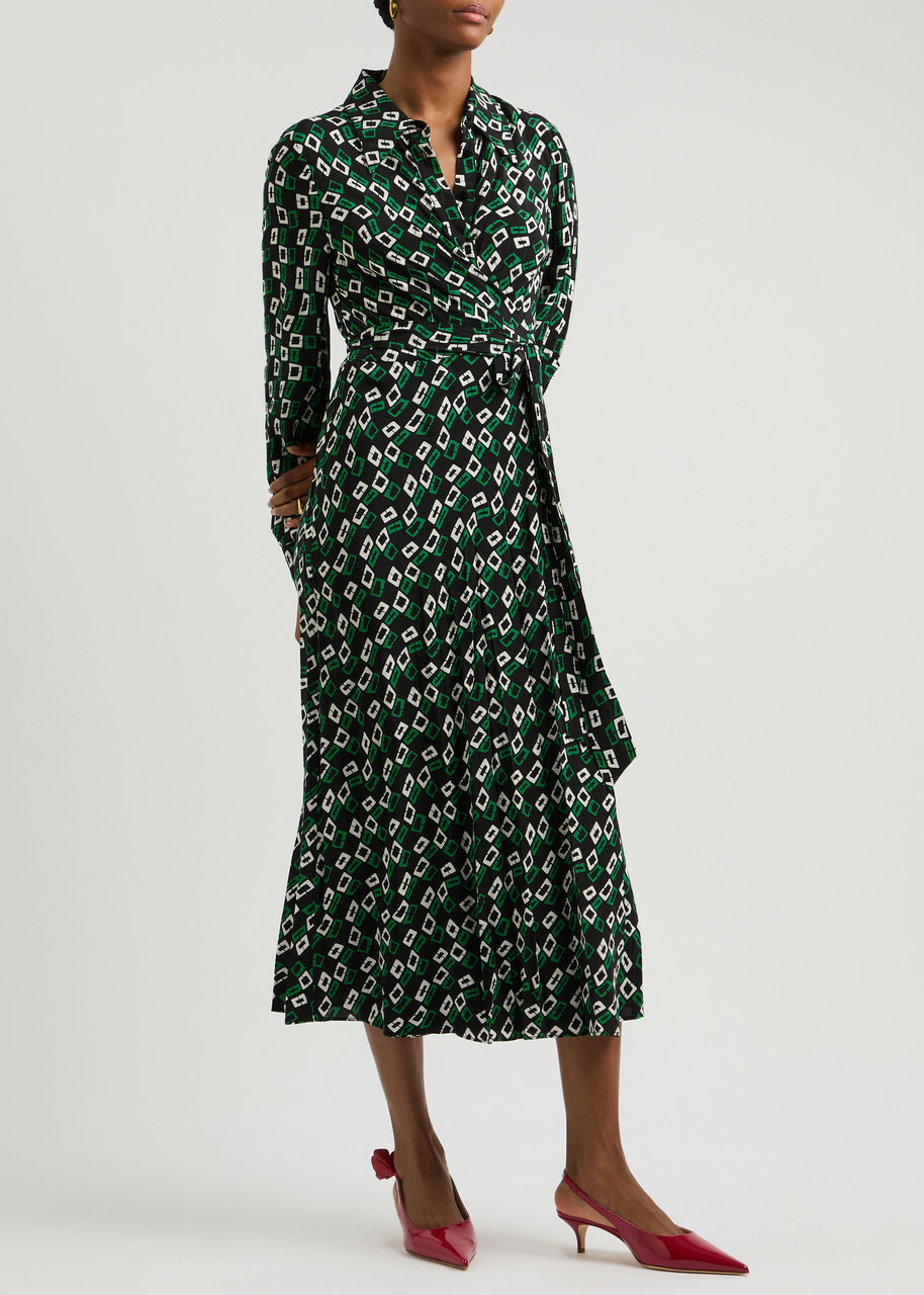 Diane Von Furstenberg Tori Printed Midi Wrap Dress Black